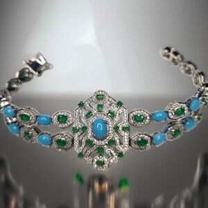 Exquisite Silver Emerald Turquoise Zircon Crystal Evening Bracelet